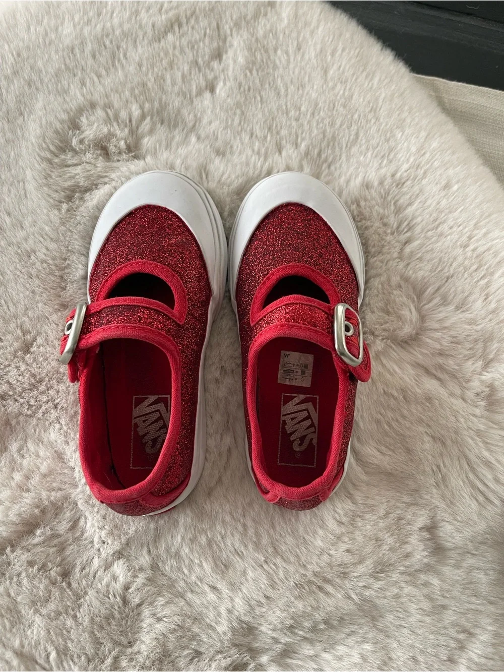 Vans Kids Red Glitter Mary Jane Sneakers with White Toe